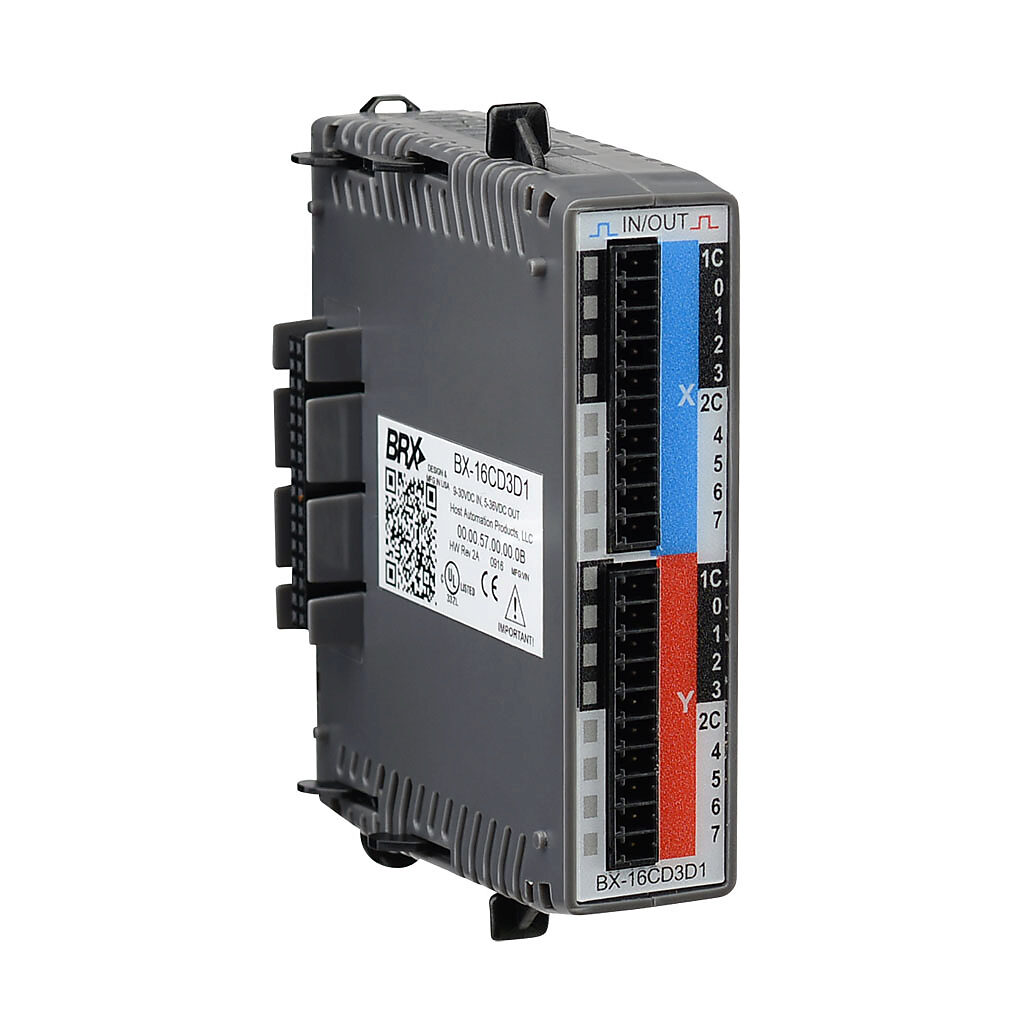 BX-16CD3D1 - BRX discrete combo module, Input: 8-point, 12-24 VDC, sinking/sourcing, Output: 8-point, 12-24 VDC, sinking, 0.5A/point. Requires BX-RTB10, BX-RTB10-1 or BX-RTB10-2 terminal block kit or ZIPLink pre-wired cables.