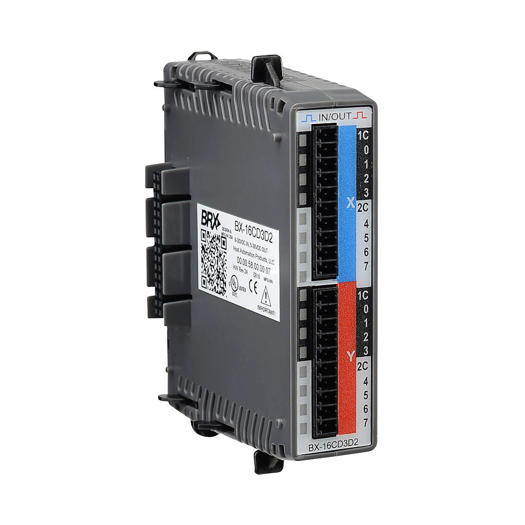BX-16CD3D2 - BRX discrete combo module, Input: 8-point, 12-24 VDC, sinking/sourcing, Output: 8-point, 12-24 VDC, sourcing, 0.5A/point. Requires BX-RTB10, BX-RTB10-1 or BX-RTB10-2 terminal block kit or ZIPLink pre-wired cables.