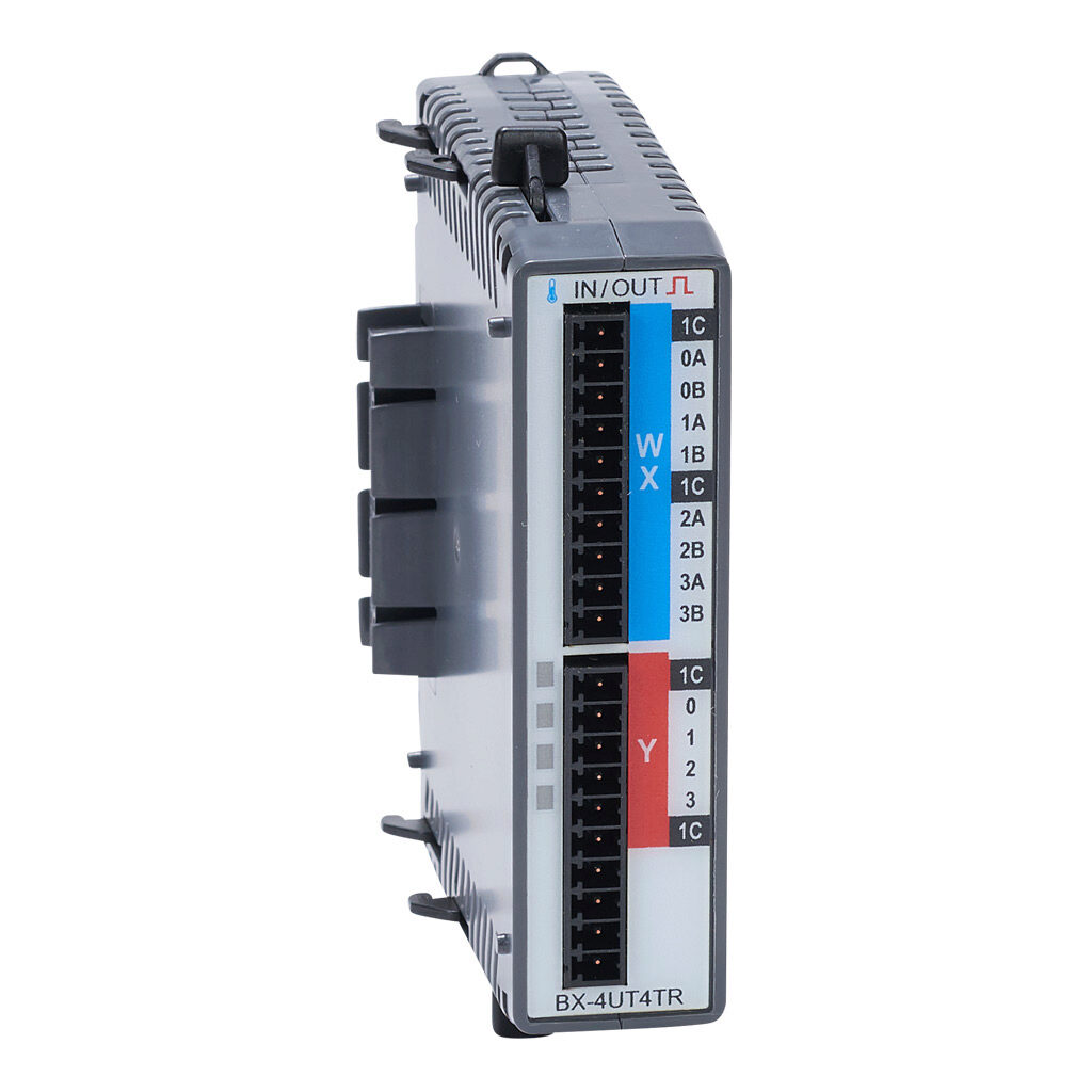 BX-4UT4TR - BRX universal temperature combo module, Input: 4-channel, RTD/thermocouple/thermistor, Output: 4-point, relay, 24-240 VAC/12-48 VDC, (4) Form A (SPST) relays. (1) BX-RTB10 screw terminal block kit included.