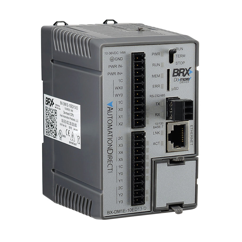BX-DM1E-10ED13-D - BRX Do-more PLC, 12-24 VDC required, Ethernet and serial ports, battery backup, microSD card slot, Discrete Input: 6-point, AC/DC, Analog Input: 1-channel, current/voltage, Discrete Output: 4-point, sinking, Analog Output: 1-cha...