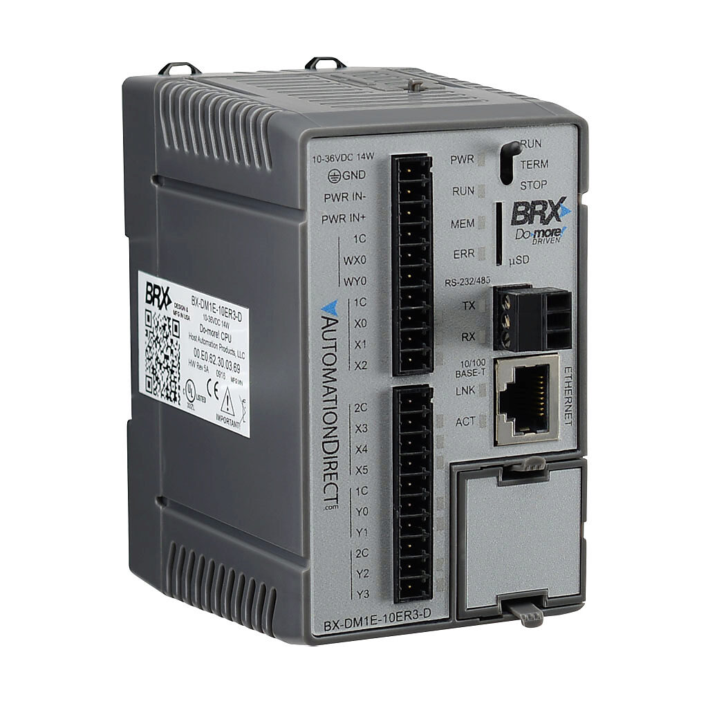 BX-DM1E-10ER3-D - BRX Do-more PLC, 12-24 VDC required, Ethernet and serial ports, battery backup, microSD card slot, Discrete Input: 6-point, AC/DC, Analog Input: 1-channel, current/voltage, Discrete Output: 4-point, relay, Analog Output: 1-channe...