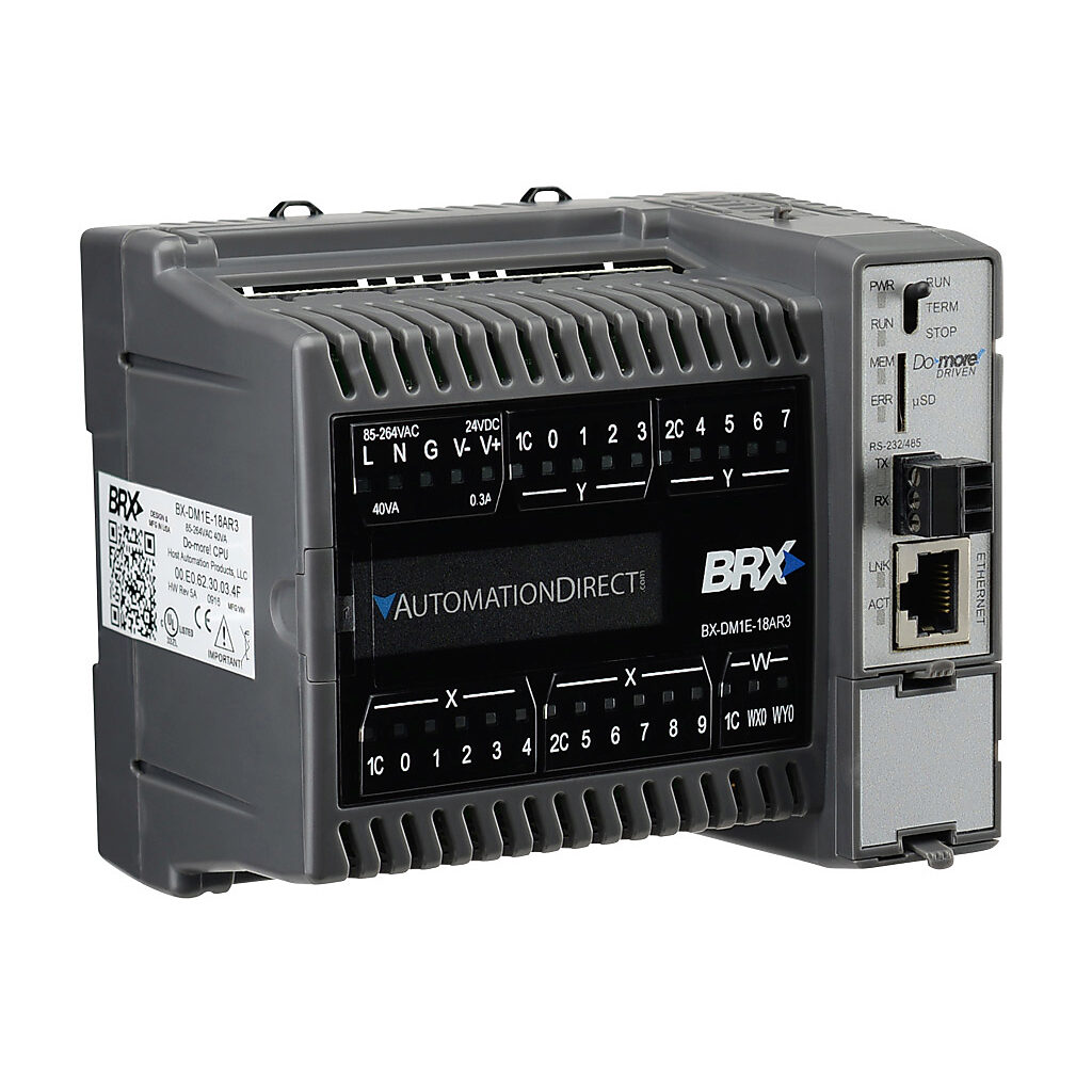 BX-DM1E-18AR3 - BRX Do-more PLC, 120-240 VAC required, Ethernet and serial ports, battery backup, microSD card slot, Discrete Input: 10-point, AC, Analog Input: 1-channel, current/voltage, Discrete Output: 8-point, relay, Analog Output: 1-channel,...