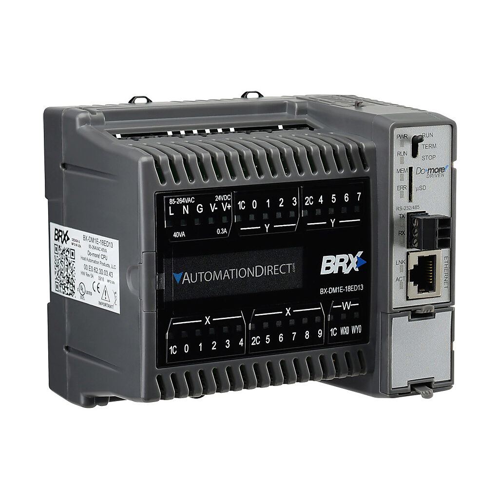 BX-DM1E-18ED13 - BRX Do-more PLC, 120-240 VAC required, Ethernet and serial ports, battery backup, microSD card slot, Discrete Input: 10-point, AC/DC, Analog Input: 1-channel, current/voltage, Discrete Output: 8-point, sinking, Analog Output: 1-ch...