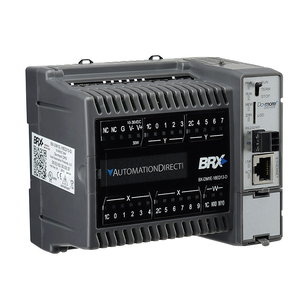 BX-DM1E-18ED13-D - BRX Do-more PLC, 12-24 VDC required, Ethernet and serial ports, battery backup, microSD card slot, Discrete Input: 10-point, AC/DC, Analog Input: 1-channel, current/voltage, Discrete Output: 8-point, sinking, Analog Output: 1-ch...