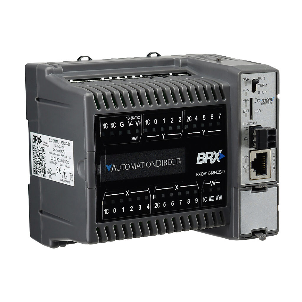 BX-DM1E-18ED23-D - BRX Do-more PLC, 12-24 VDC required, Ethernet and serial ports, battery backup, microSD card slot, Discrete Input: 10-point, AC/DC, Analog Input: 1-channel, current/voltage, Discrete Output: 8-point, sourcing, Analog Output: 1-c...