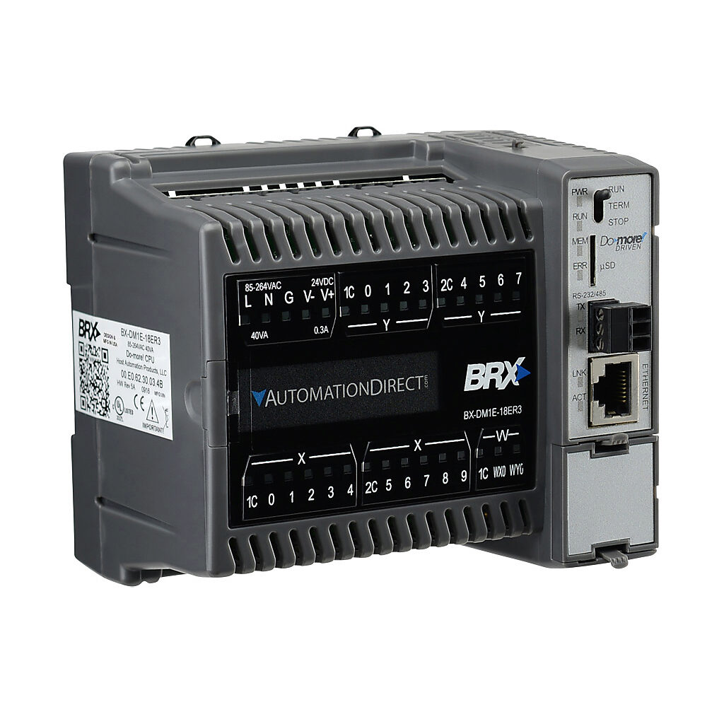 BX-DM1E-18ER3 - BRX Do-more PLC, 120-240 VAC required, Ethernet and serial ports, battery backup, microSD card slot, Discrete Input: 10-point, AC/DC, Analog Input: 1-channel, current/voltage, Discrete Output: 8-point, relay, Analog Output: 1-chann...
