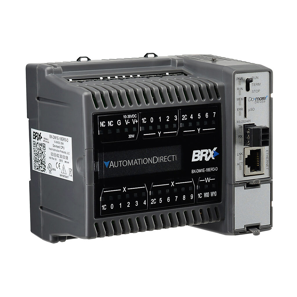 BX-DM1E-18ER3-D - BRX Do-more PLC, 12-24 VDC required, Ethernet and serial ports, battery backup, microSD card slot, Discrete Input: 10-point, AC/DC, Analog Input: 1-channel, current/voltage, Discrete Output: 8-point, relay, Analog Output: 1-chann...
