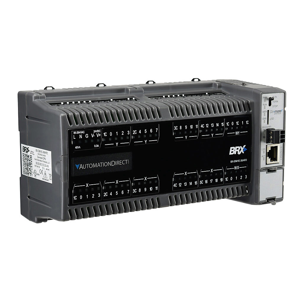 BX-DM1E-36AR3 - BRX Do-more PLC, 120-240 VAC required, Ethernet and serial ports, battery backup, microSD card slot, Discrete Input: 20-point, AC, Analog Input: 4-channel, current/voltage, Discrete Output: 16-point, relay, Analog Output: 2-channel...