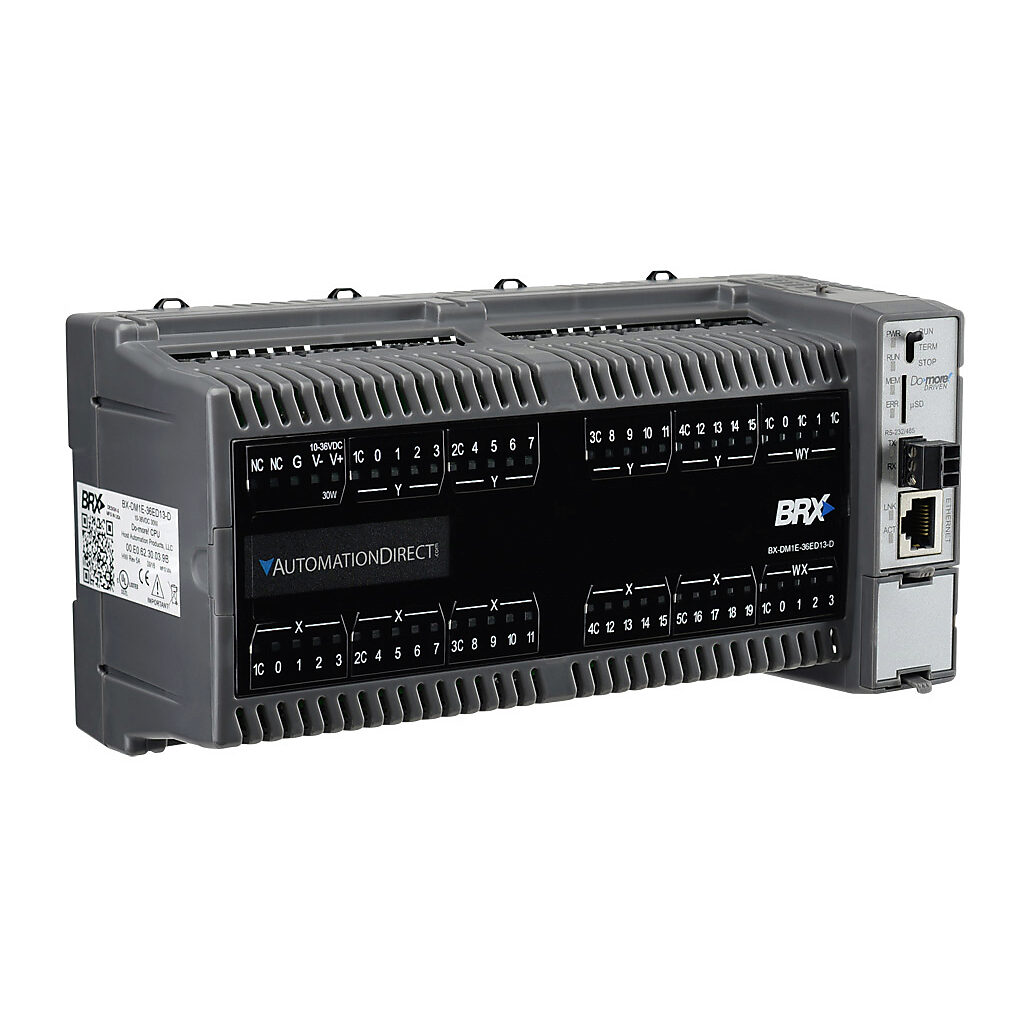 BX-DM1E-36ED13-D - BRX Do-more PLC, 12-24 VDC required, Ethernet and serial ports, battery backup, microSD card slot, Discrete Input: 20-point, AC/DC, Analog Input: 4-channel, current/voltage, Discrete Output: 16-point, sinking, Analog Output: 2-c...