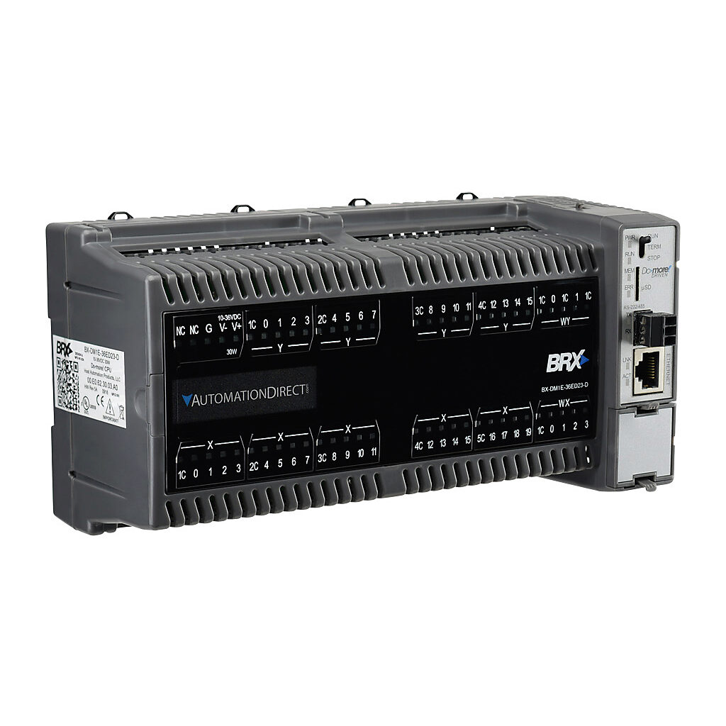BX-DM1E-36ED23-D - BRX Do-more PLC, 12-24 VDC required, Ethernet and serial ports, battery backup, microSD card slot, Discrete Input: 20-point, AC/DC, Analog Input: 4-channel, current/voltage, Discrete Output: 16-point, sourcing, Analog Output: 2-...