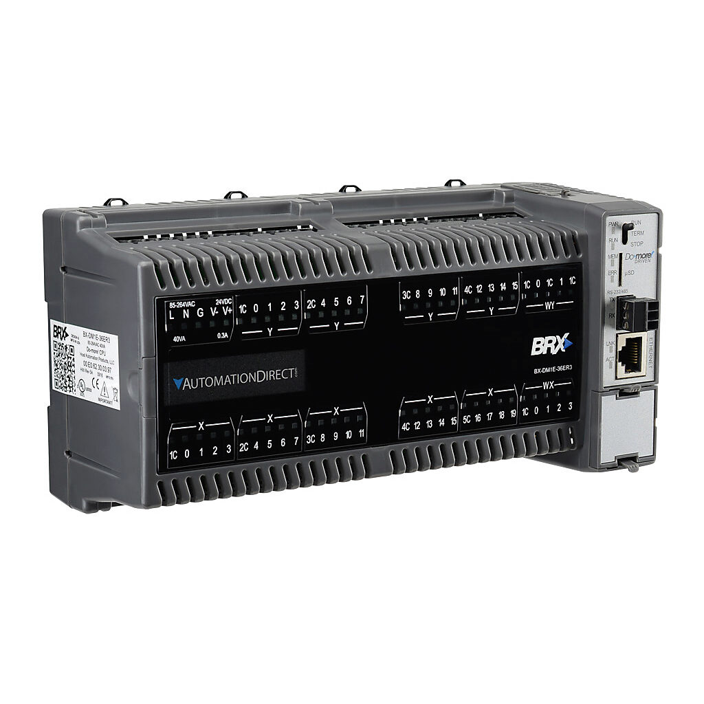 BX-DM1E-36ER3 - BRX Do-more PLC, 120-240 VAC required, Ethernet and serial ports, battery backup, microSD card slot, Discrete Input: 20-point, AC/DC, Analog Input: 4-channel, current/voltage, Discrete Output: 16-point, relay, Analog Output: 2-chan...