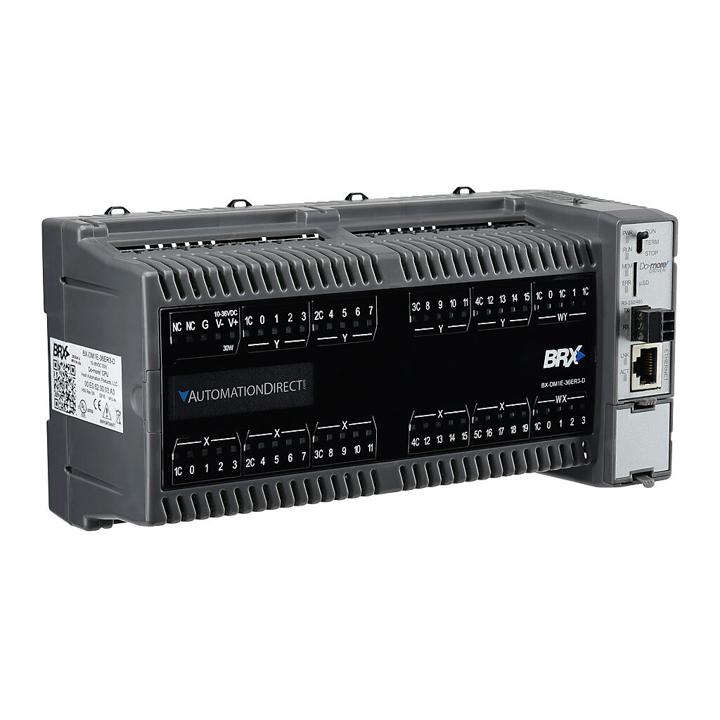 BX-DM1E-36ER3-D - BRX Do-more PLC, 12-24 VDC required, Ethernet and serial ports, battery backup, microSD card slot, Discrete Input: 20-point, AC/DC, Analog Input: 4-channel, current/voltage, Discrete Output: 16-point, relay, Analog Output: 2-chan...