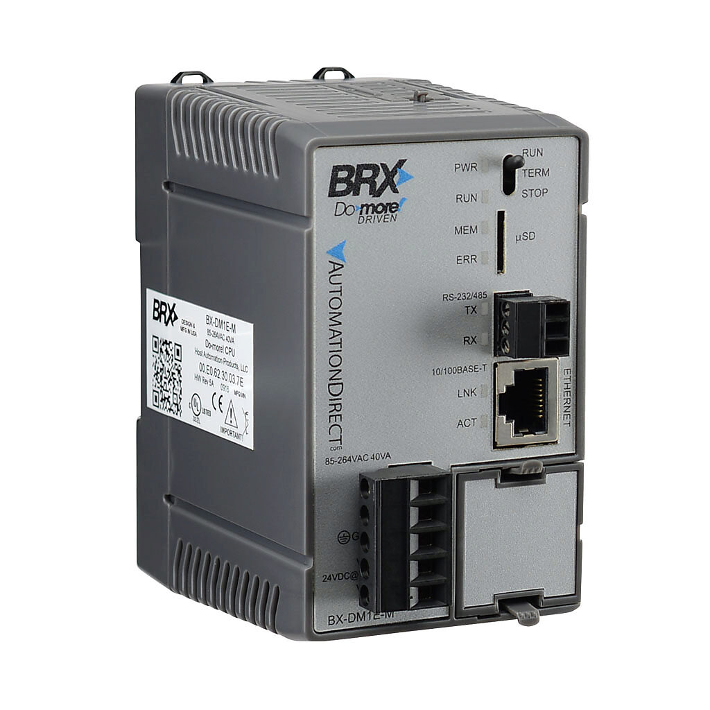 BX-DM1E-M - BRX Do-more PLC, 120-240 VAC required, Ethernet and serial ports, battery backup, microSD card slot, no on-board I/O.