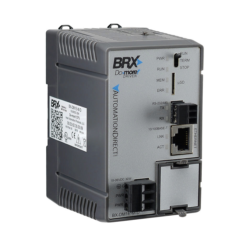 BX-DM1E-M-D - BRX Do-more PLC, 12-24 VDC required, Ethernet and serial ports, battery backup, microSD card slot, no on-board I/O.