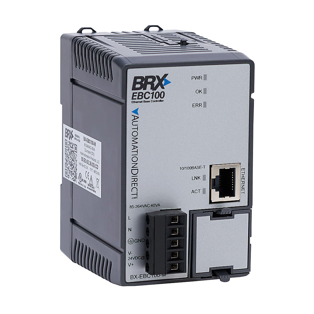 BX-EBC100-M - BRX Ethernet base controller, (1) Ethernet 10/100Base-T (RJ45) port(s), Do-more Ethernet remote I/O, Modbus TCP/IP, TCP/IP, UDP/IP and IPX, up to 100 Mbps, external 120 VAC required.