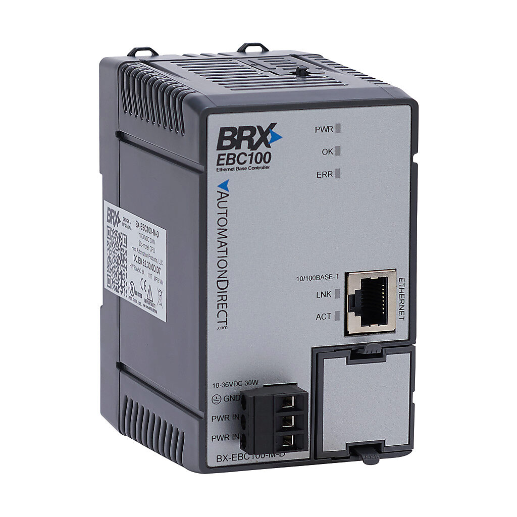 BX-EBC100-M-D - BRX Ethernet base controller, (1) Ethernet 10/100Base-T (RJ45) port(s), Do-more Ethernet remote I/O, Modbus TCP/IP, TCP/IP, UDP/IP and IPX, up to 100 Mbps, external 24 VDC required.