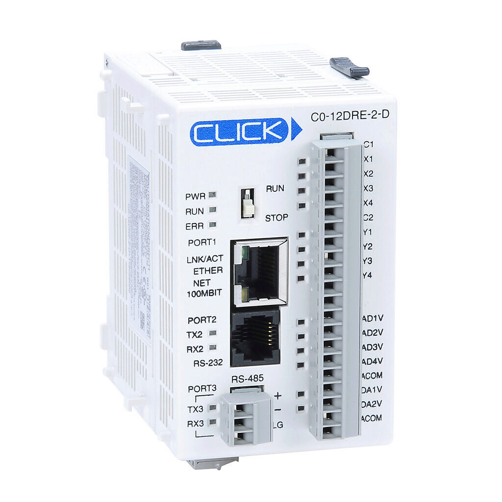 C0-12DRE-2-D - CLICK Ethernet Analog PLC, 24 VDC required, Ethernet and serial ports, battery backup, Discrete Input: 4-point, DC, Analog Input: 4-channel, voltage, Discrete Output: 4-point, relay, Analog Output: 2-channel, voltage.
