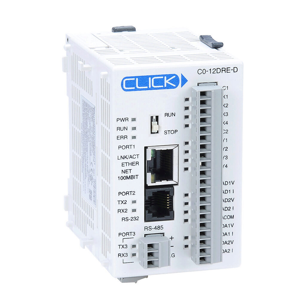 C0-12DRE-D - CLICK Ethernet Analog PLC, 24 VDC required, Ethernet and serial ports, battery backup, Discrete Input: 4-point, DC, Analog Input: 2-channel, current/voltage, Discrete Output: 4-point, relay, Analog Output: 2-channel, current/voltage.