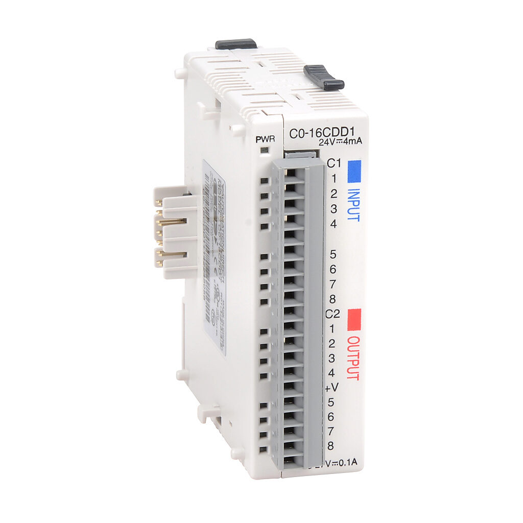 C0-16CDD1 - CLICK discrete combo module, Input: 8-point, 24 VDC, sinking/sourcing, Output: 8-point, 5-27 VDC, sinking, 0.1A/point. Removable terminal block included.