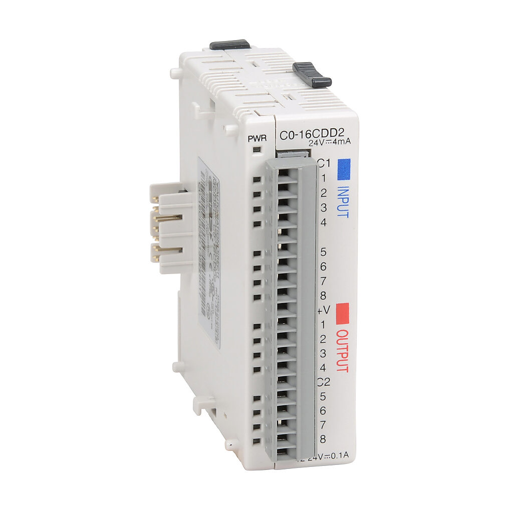 C0-16CDD2 - CLICK discrete combo module, Input: 8-point, 24 VDC, sinking/sourcing, Output: 8-point, 12-24 VDC, sourcing, 0.1A/point. Removable terminal block included.