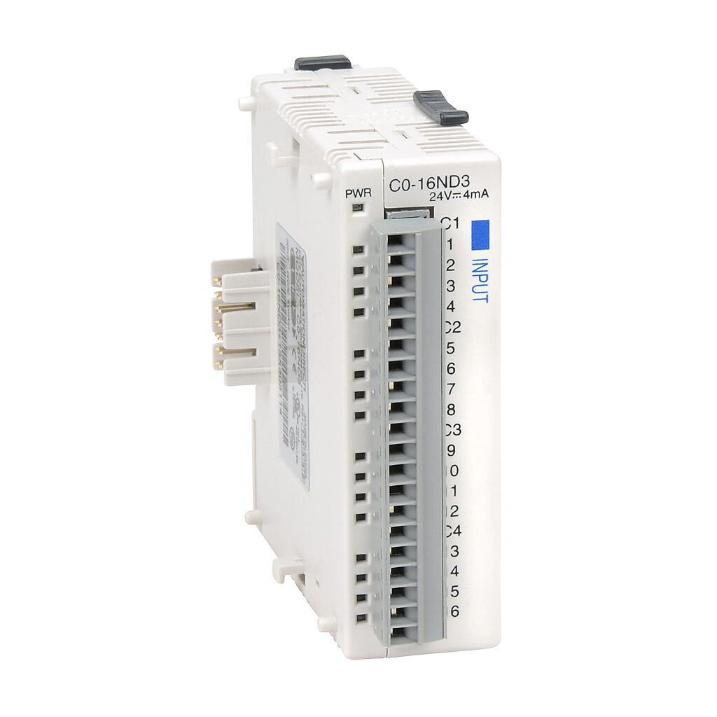 C0-16ND3 - CLICK discrete input module, 16-point, 24 VDC, sinking/sourcing, 4 isolated common(s), 4 point(s) per common. Removable terminal block included.