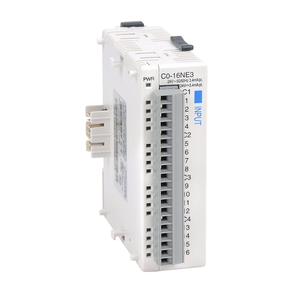 C0-16NE3 - CLICK discrete input module, 16-point, 24 VAC/VDC, sinking/sourcing, 4 isolated common(s), 4 point(s) per common. Removable terminal block included.