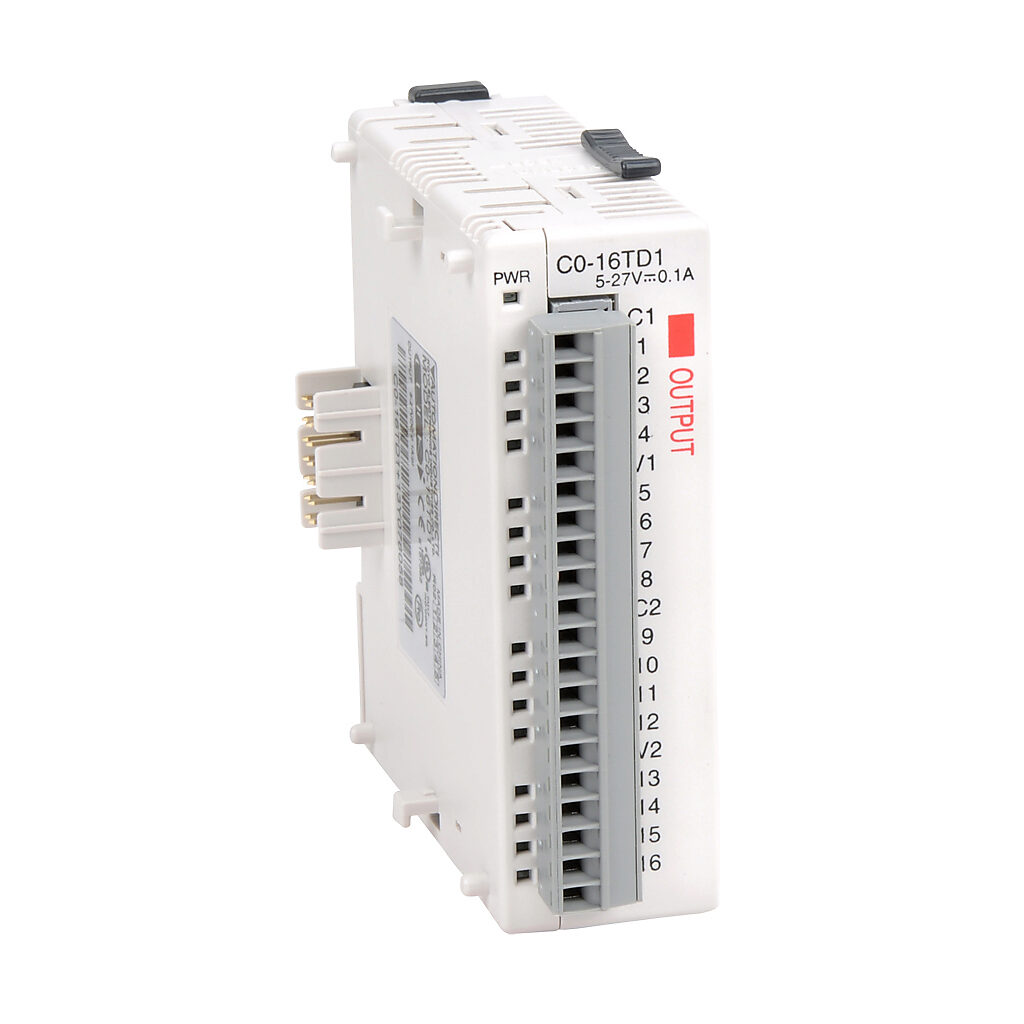 C0-16TD1 - CLICK discrete output module, 16-point, 5-27 VDC, sinking, 2 isolated common(s), 8 point(s) per common, 0.1A/point. Removable terminal block included.
