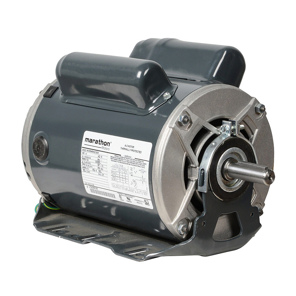 C1160 - Marathon standard efficiency AC induction motor, fan and blower, 1-1/2hp, 1-phase, 115/208-230 VAC, 1800rpm, ODP, NEMA 56H frame, rolled steel, resilient base mount.