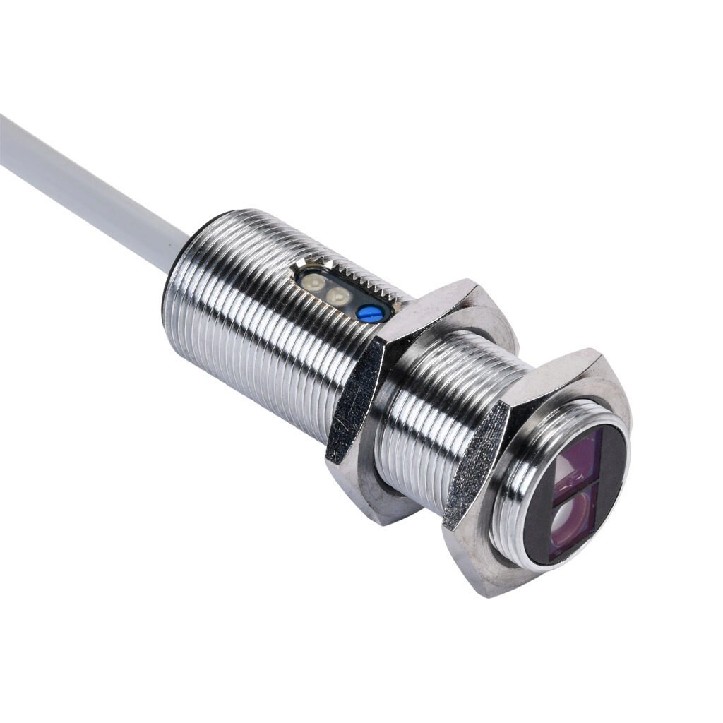 C18B-AN-1A - AutomationDirect photoelectric sensor, tubular, threaded, background suppression, visible red, 10-120mm sensing distance, light-on, NPN, potentiometer, 18mm diameter x 50mm body, metal, 6.5ft/2m cable length, pigtail.