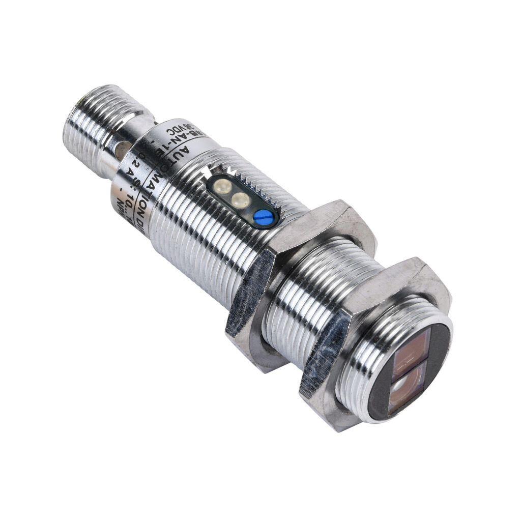 C18B-AN-1E - AutomationDirect photoelectric sensor, tubular, threaded, background suppression, visible red, 10-120mm sensing distance, light-on, NPN, potentiometer, 18mm diameter x 50mm body, metal, 4-pin M12 quick-disconnect.