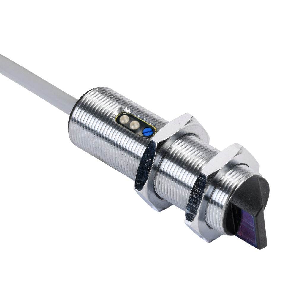C18B-AN-2A - AutomationDirect photoelectric sensor, tubular, threaded, background suppression, right-angle lens, visible red, 10-120mm sensing distance, light-on, NPN, potentiometer, 18mm diameter x 61.5mm body, metal, 6.5ft/2m cable length, pigtail.