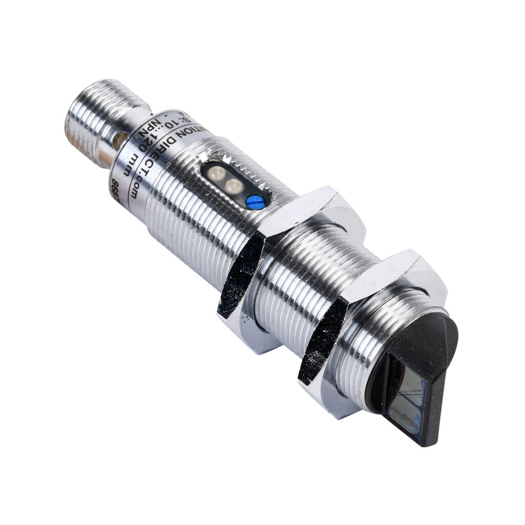 C18B-AN-2E - AutomationDirect photoelectric sensor, tubular, threaded, background suppression, right-angle lens, visible red, 10-120mm sensing distance, light-on, NPN, potentiometer, 18mm diameter x 61.5mm body, metal, 4-pin M12 quick-disconnect.