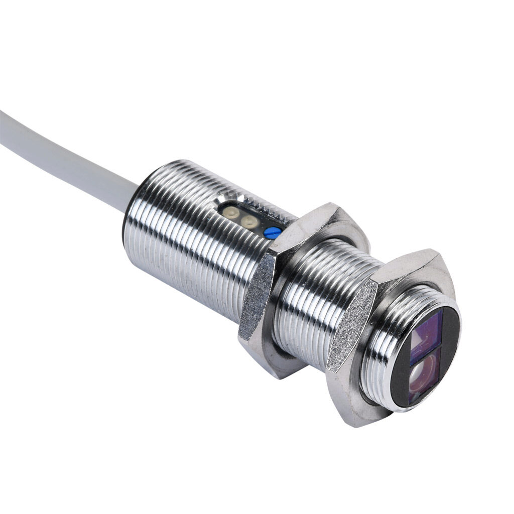 C18B-AP-1A - AutomationDirect photoelectric sensor, tubular, threaded, background suppression, visible red, 10-120mm sensing distance, light-on, PNP, potentiometer, 18mm diameter x 50mm body, metal, 6.5ft/2m cable length, pigtail.