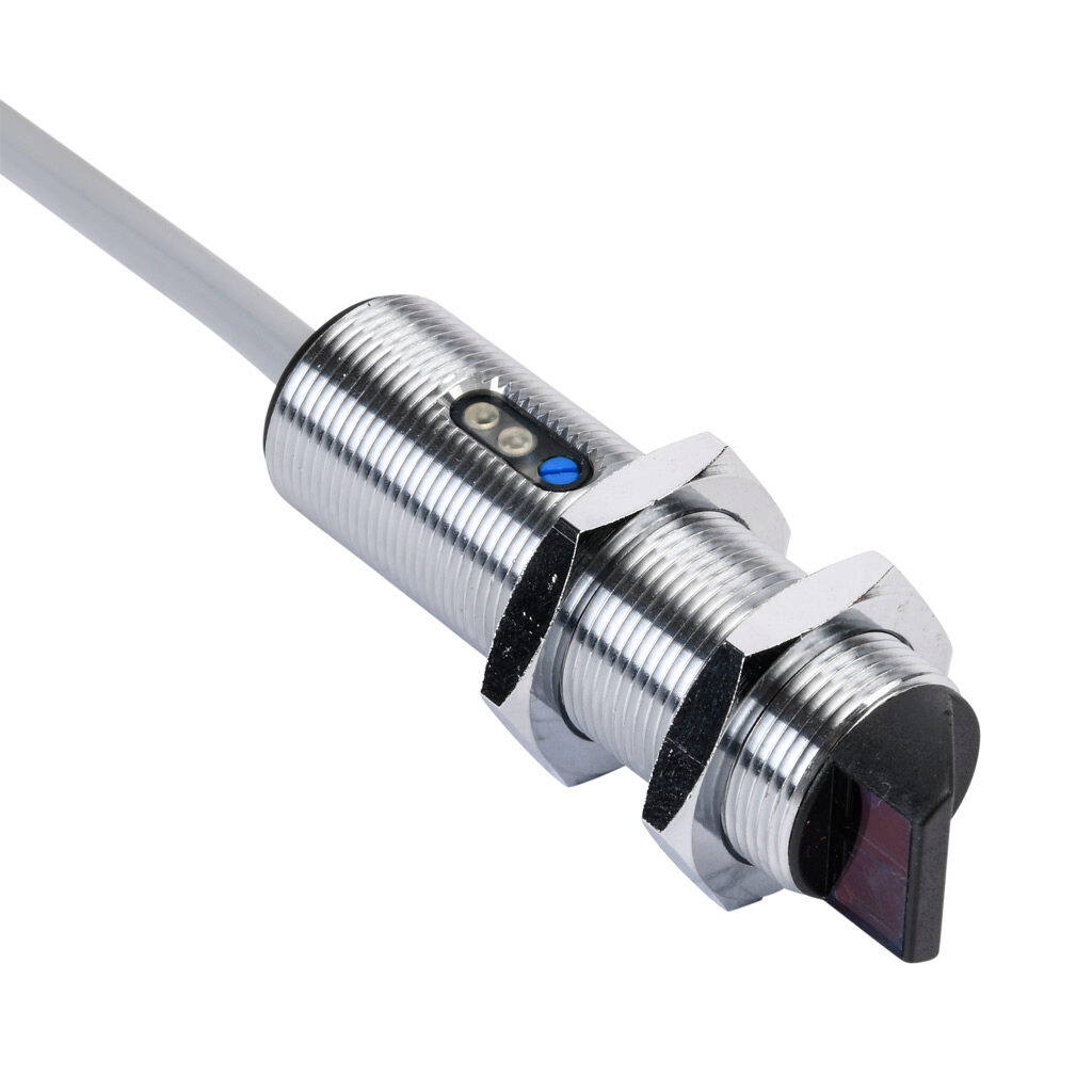 C18B-AP-2A - AutomationDirect photoelectric sensor, tubular, threaded, background suppression, right-angle lens, visible red, 10-120mm sensing distance, light-on, PNP, potentiometer, 18mm diameter x 61.5mm body, metal, 6.5ft/2m cable length, pigtail.