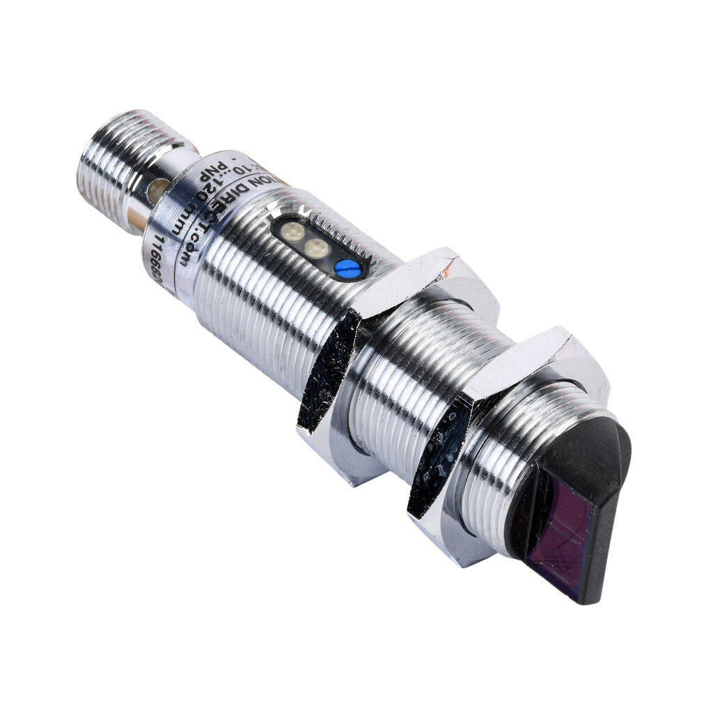 C18B-AP-2E - AutomationDirect photoelectric sensor, tubular, threaded, background suppression, right-angle lens, visible red, 10-120mm sensing distance, light-on, PNP, potentiometer, 18mm diameter x 61.5mm body, metal, 4-pin M12 quick-disconnect.