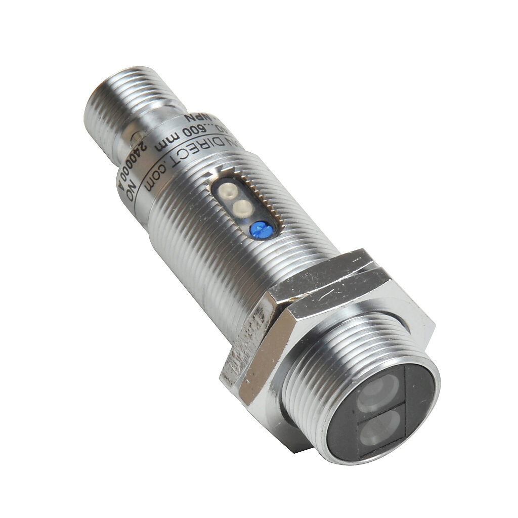 C18D-0N-1E - AutomationDirect photoelectric sensor, tubular, threaded, diffuse, visible red, 600mm sensing distance, complementary light-on/dark-on, NPN, 1 kHz switching frequency, 18mm diameter x 50mm body, metal, 4-pin M12 quick-disconnect.