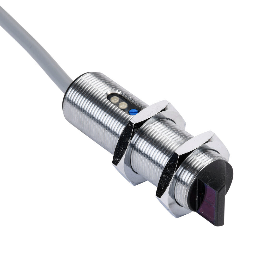 C18D-0N-2A - AutomationDirect photoelectric sensor, tubular, threaded, diffuse, right-angle lens, visible red, 600mm sensing distance, complementary light-on/dark-on, NPN, 1 kHz switching frequency, 18mm diameter x 61.5mm body, metal, pigtail.