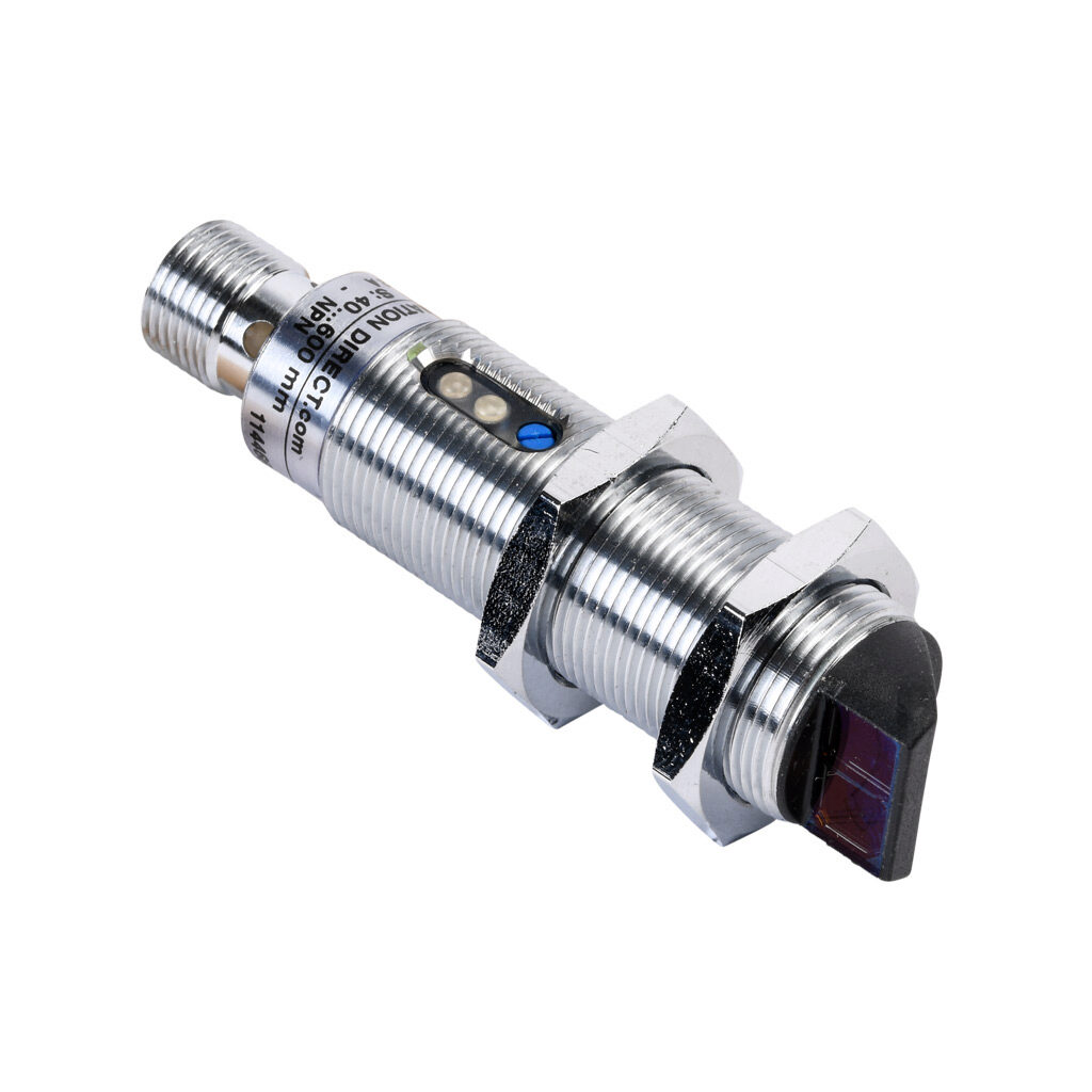 C18D-0N-2E - AutomationDirect photoelectric sensor, tubular, threaded, diffuse, right-angle lens, visible red, 600mm sensing distance, complementary light-on/dark-on, NPN, 1 kHz switching frequency, 18mm diameter x 61.5mm body, metal, 4-pin M12 qu...