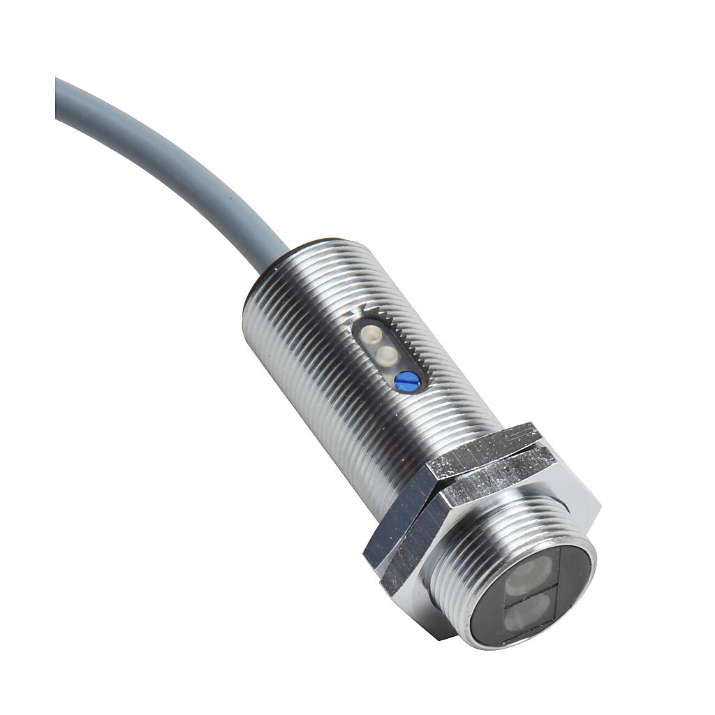 C18D-0P-1A - AutomationDirect photoelectric sensor, tubular, threaded, diffuse, visible red, 600mm sensing distance, complementary light-on/dark-on, PNP, 1 kHz switching frequency, 18mm diameter x 50mm body, metal, pigtail.
