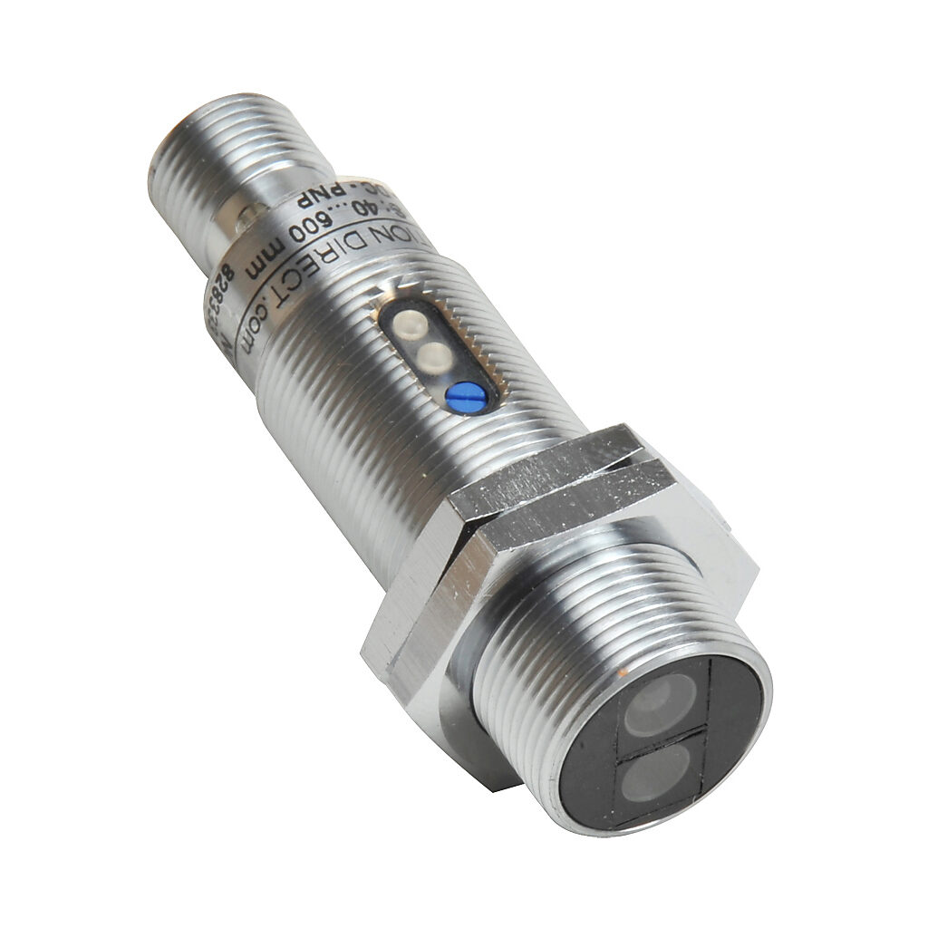 C18D-0P-1E - AutomationDirect photoelectric sensor, tubular, threaded, diffuse, visible red, 600mm sensing distance, complementary light-on/dark-on, PNP, 1 kHz switching frequency, 18mm diameter x 50mm body, metal, 4-pin M12 quick-disconnect.
