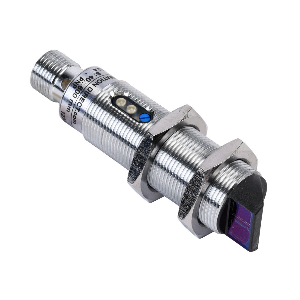 C18D-0P-2E - AutomationDirect photoelectric sensor, tubular, threaded, diffuse, right-angle lens, visible red, 600mm sensing distance, complementary light-on/dark-on, PNP, 1 kHz switching frequency, 18mm diameter x 61.5mm body, metal, 4-pin M12 qu...