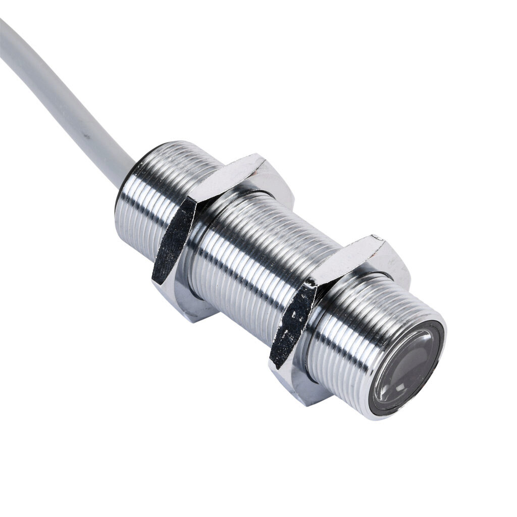 C18E-00-1A - AutomationDirect photoelectric sensor, tubular, threaded, through-beam emitter, visible red, 6m sensing distance, 10-36 VDC operating voltage, 18mm diameter x 50mm body, metal, 3-wire, pigtail.