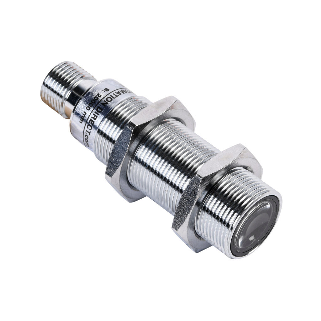 C18E-00-1E - AutomationDirect photoelectric sensor, tubular, threaded, through-beam emitter, visible red, 6m sensing distance, 10-36 VDC operating voltage, 18mm diameter x 50mm body, metal, 3-wire, 4-pin M12 quick-disconnect.