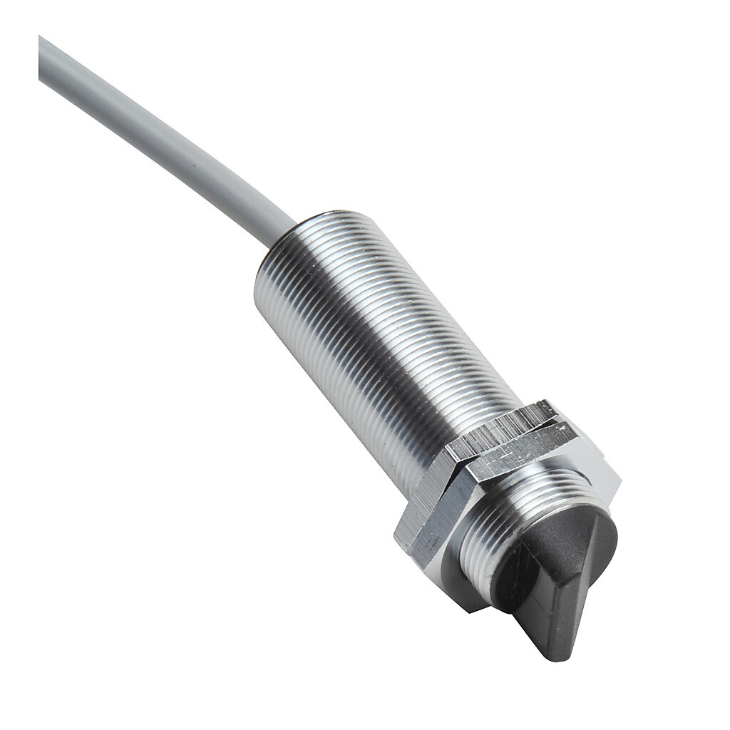 C18E-00-2A - AutomationDirect photoelectric sensor, tubular, threaded, through-beam emitter, right-angle lens, visible red, 6m sensing distance, 10-36 VDC operating voltage, 18mm diameter x 61.5mm body, metal, 3-wire, pigtail.