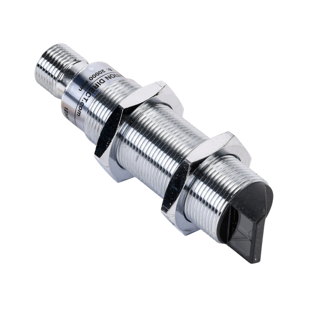 C18E-00-2E - AutomationDirect photoelectric sensor, tubular, threaded, through-beam emitter, right-angle lens, visible red, 6m sensing distance, 10-36 VDC operating voltage, 18mm diameter x 61.5mm body, metal, 3-wire, 4-pin M12 quick-disconnect.