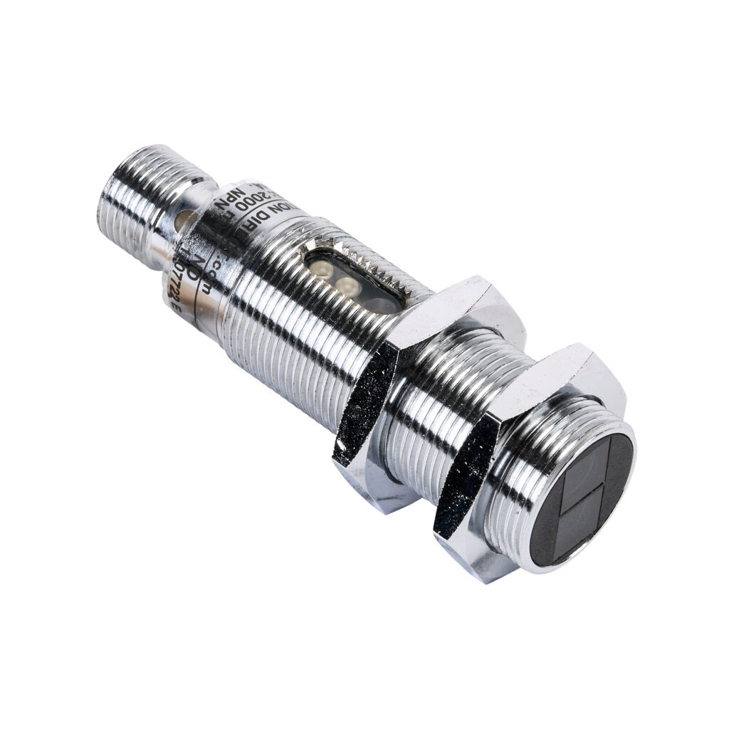 C18P-AN-1E - AutomationDirect photoelectric sensor, tubular, threaded, polarized retroreflective, visible red, 2m sensing distance, dark-on, NPN, 3-wire, 4-pin M12 quick-disconnect.