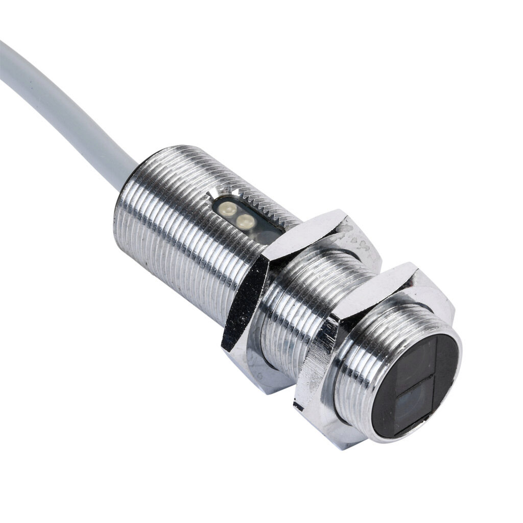 C18P-AP-1A - AutomationDirect photoelectric sensor, tubular, threaded, polarized retroreflective, visible red, 2m sensing distance, dark-on, PNP, 3-wire, pigtail.