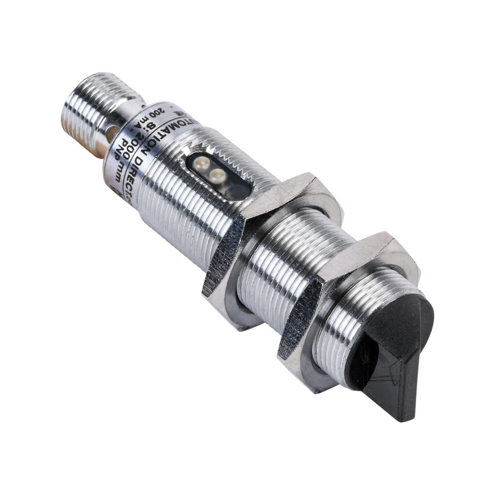 C18P-AP-2E - AutomationDirect photoelectric sensor, tubular, threaded, polarized retroreflective, right-angle lens, visible red, 2m sensing distance, dark-on, PNP, 3-wire, 4-pin M12 quick-disconnect.