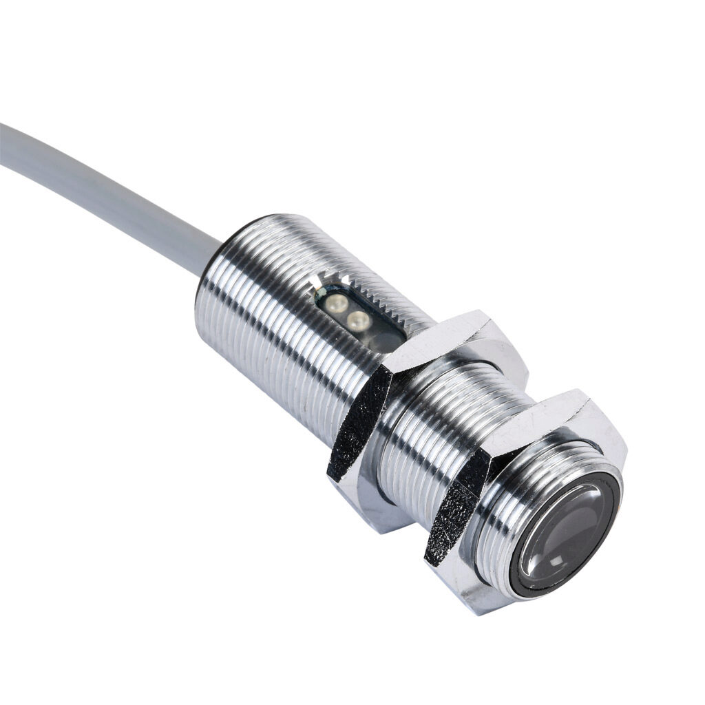C18R-0N-1A - AutomationDirect photoelectric sensor, tubular, threaded, through-beam receiver, 6m sensing distance, complementary light-on/dark-on, NPN, 10-36 VDC operating voltage, 18mm diameter x 50mm body, metal, 4-wire, pigtail.