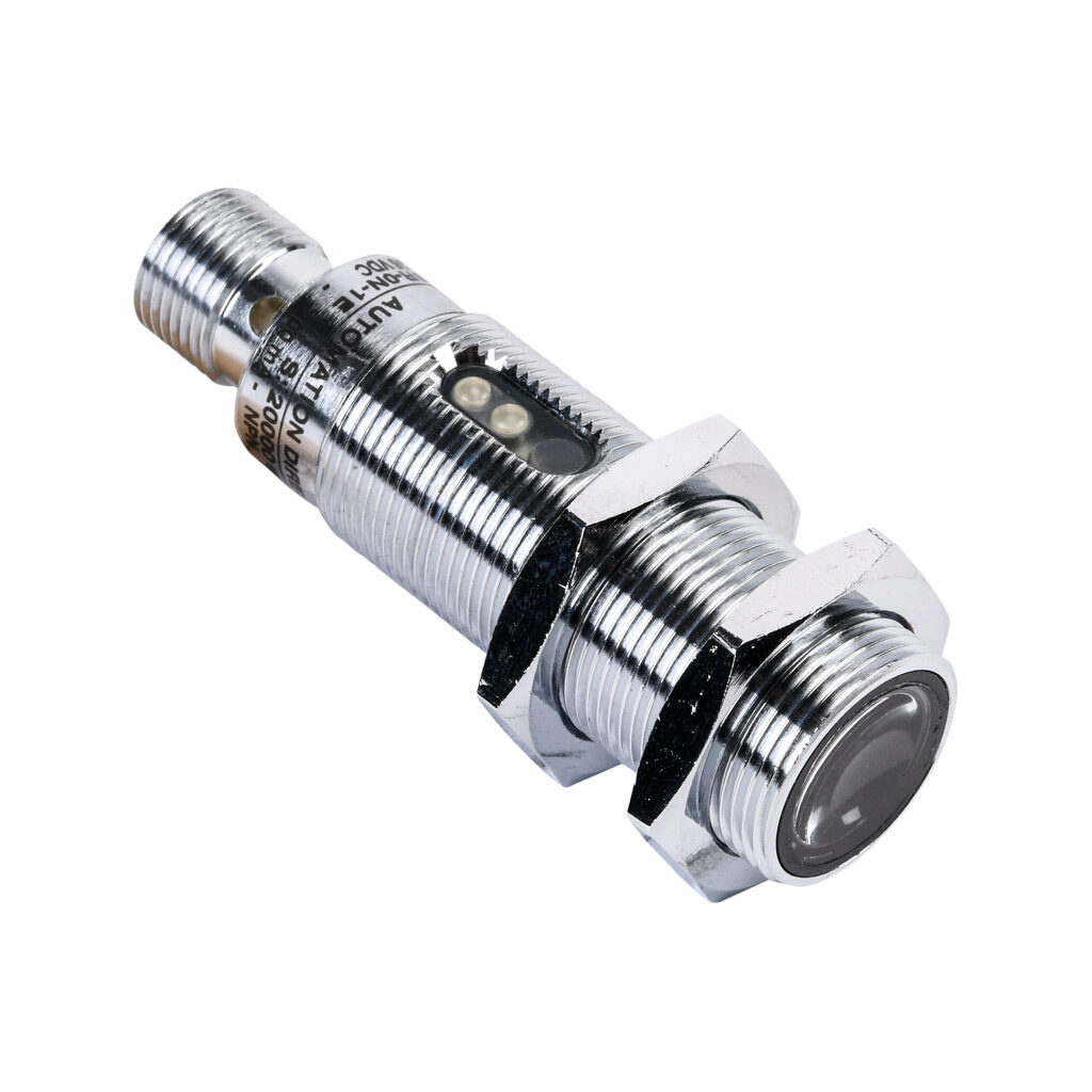 C18R-0N-1E - AutomationDirect photoelectric sensor, tubular, threaded, through-beam receiver, 6m sensing distance, complementary light-on/dark-on, NPN, 10-36 VDC operating voltage, 18mm diameter x 50mm body, metal, 4-wire, 4-pin M12 quick-disconnect.